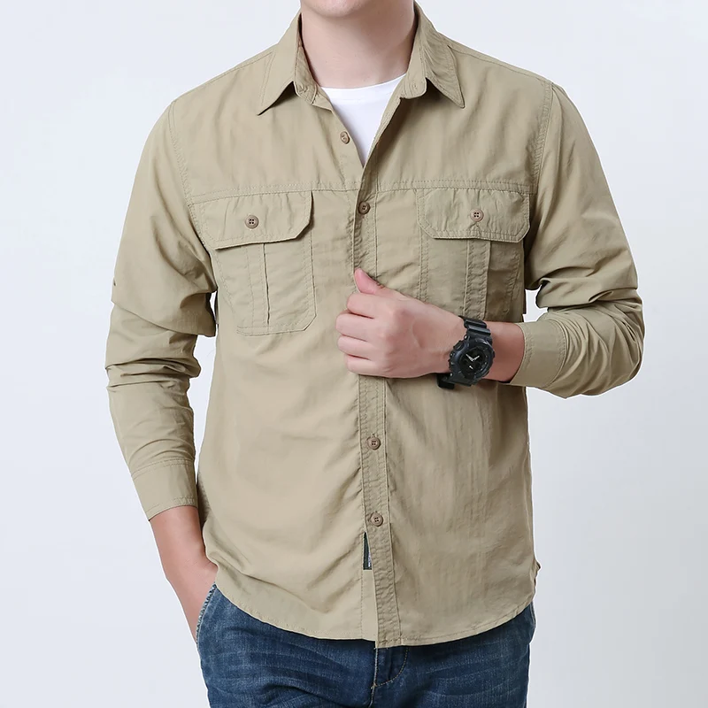 Camisas Cargo de verano para hombre, camisas de trabajo de manga larga transpirables con múltiples bolsillos, camisa de pesca para senderismo de secado rápido, camisas de trabajo Cargo - imagen 3