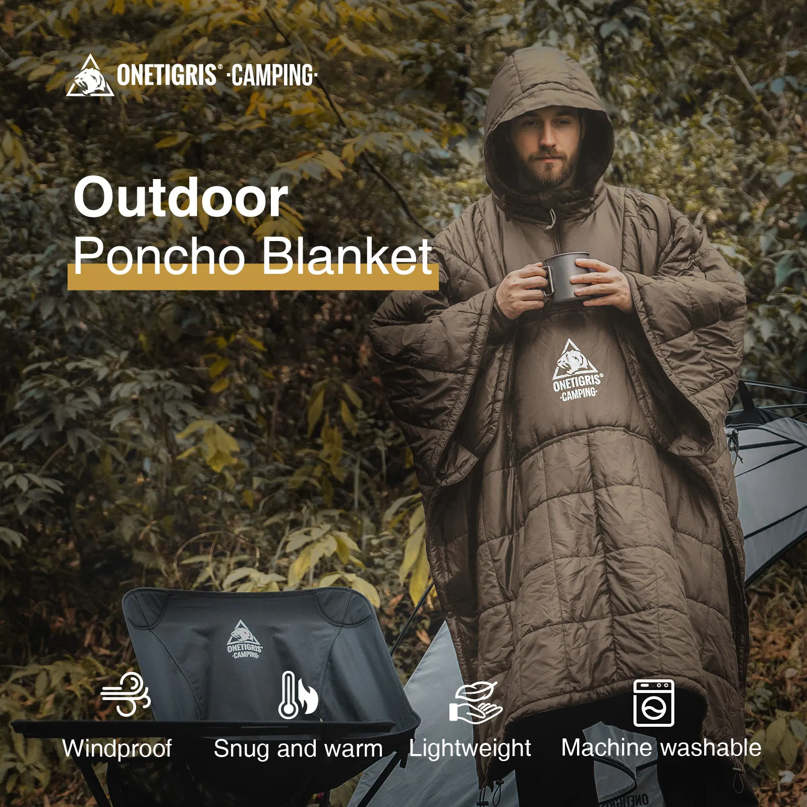 OneTigris-Manta para acampar, Poncho para exteriores, ultraligera, resistente al agua, portátil, con capucha, para acampar al aire libre y senderismo