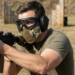 Máscara de Media Cara para Airsoft + Juego de Gafas Protectoras, Plegable, de Malla de Acero de Bajo Contenido de Carbono, para Paintball, CS, Protección Auditiva Militar