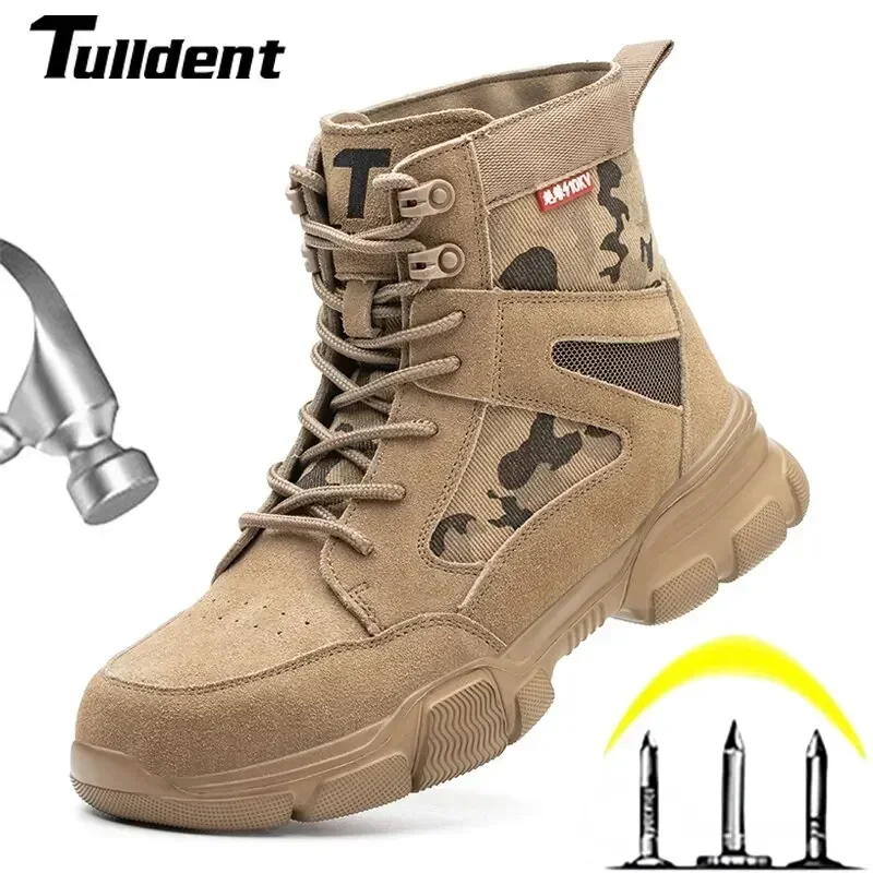 Botas de trabajo con punta de acero para hombre, zapatos de seguridad ANTIPERFORACIONES, botas de combate indestructibles para el desierto, protección para exteriores