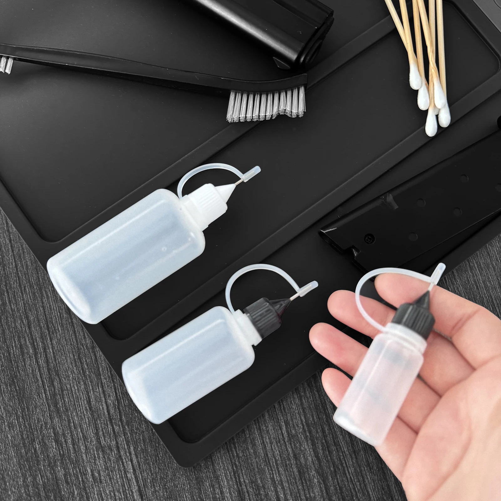 Botella de aceite de pistola con punta de aguja inoxidable, aplicador reutilizable de líquido exprimible de 10/20/30/50ml, herramienta de limpieza de botellas de plástico, 5 uds. - imagen 4