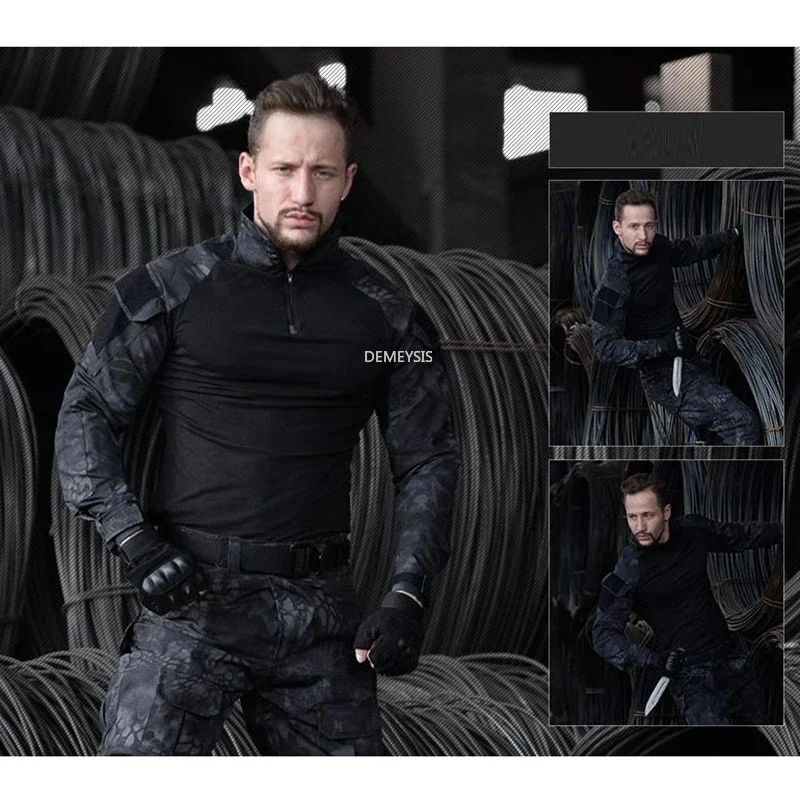 Ropa de uniforme de camuflaje táctico para hombre, camisa de combate de caza y Paintball al aire libre + pantalones con rodilleras - imagen 3