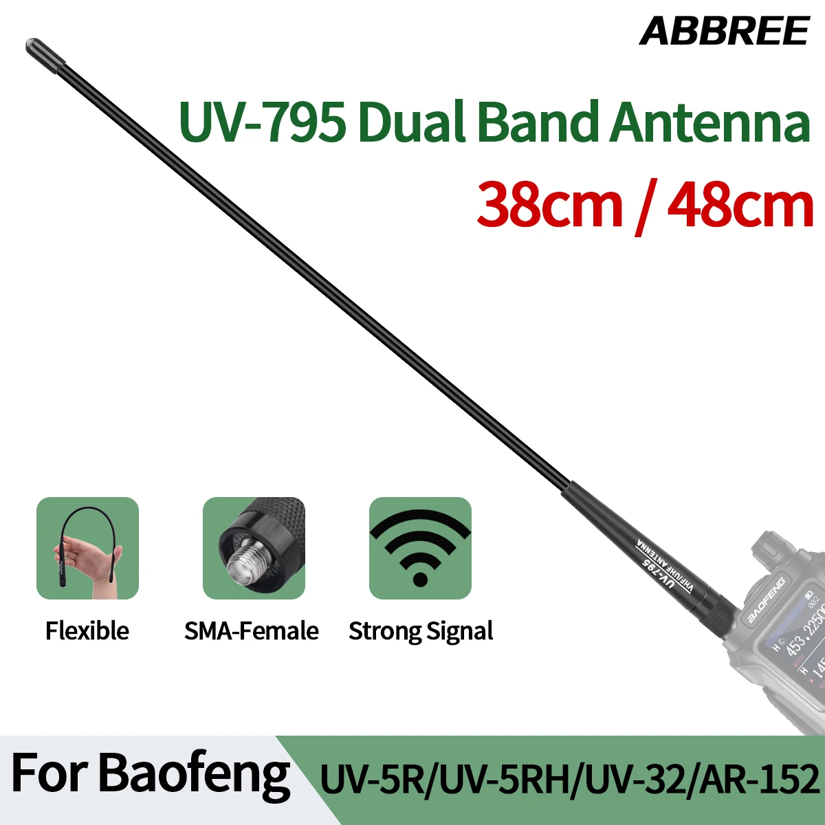 ABBREE UV-795 SMA-antena hembra de doble banda de alta ganancia para Baofeng UV-5RH UV-32 UV-28 BF-888S Quansheng UV-K6 Radioaficionado bidireccional