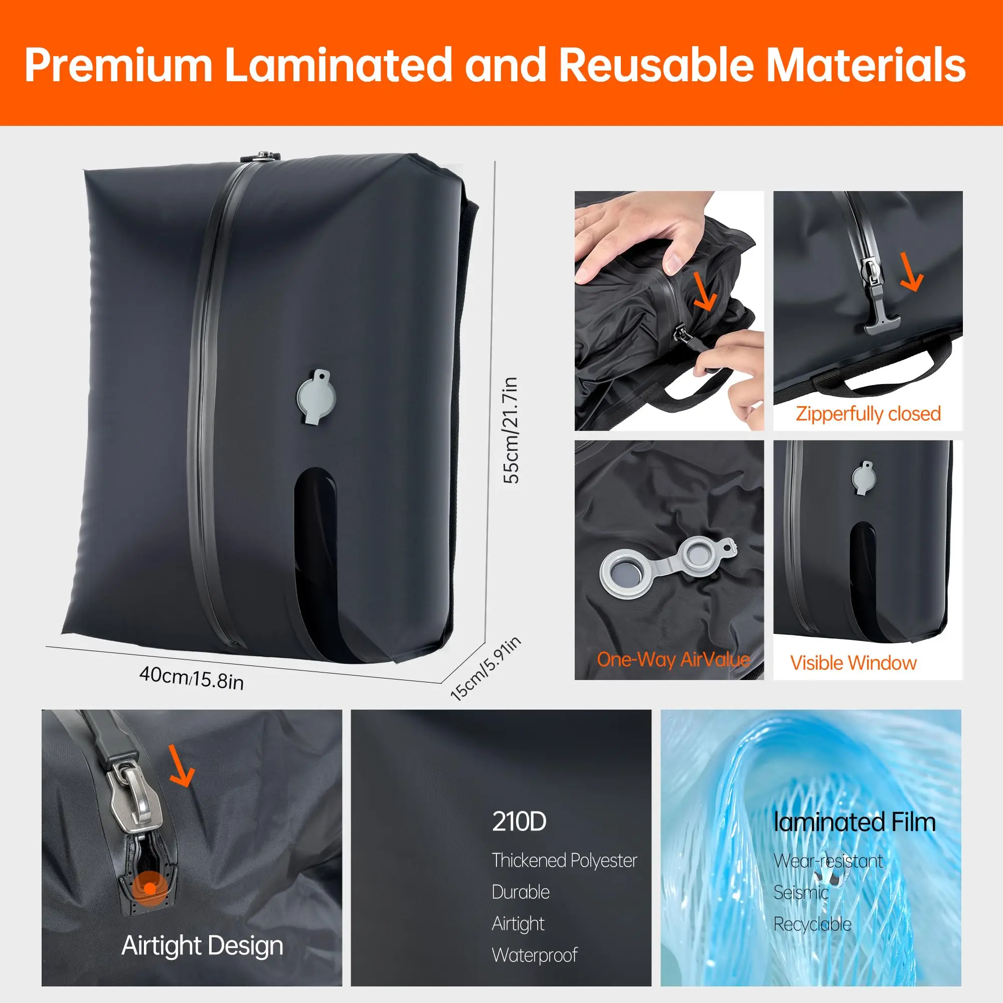 Bolsa de vacío de TPU para equipaje con bomba, bolsas reutilizables de nailon laminado 72D para ahorrar espacio, viaje con cremallera impermeable IP67 y bomba USB - imagen 3