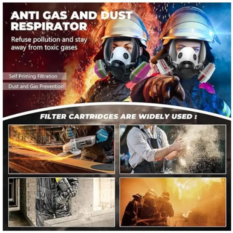Máscara de gas respirador de cara completa, máscara de gas, adecuada para química de humo, pintura, tácticas - cinturón de supervivencia filtro de carbón activado - imagen 5