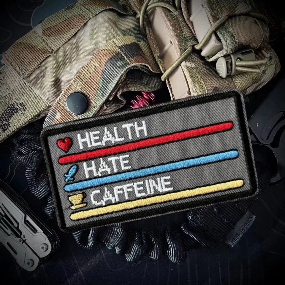 Parche táctico bordado "salud, ódio, cafeína", brazalete divertido con gancho y bucle, insignia de moral militar, pegatinas para ropa y mochila