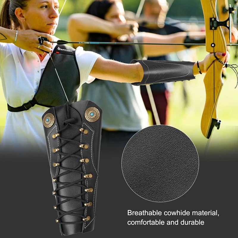 Protectores de brazo de cuero de vaca hechos a mano, guante de tiro de mano con lazo, ajustable para caza, Protector de brazo, guantelete, brazalete Unisex - imagen 5
