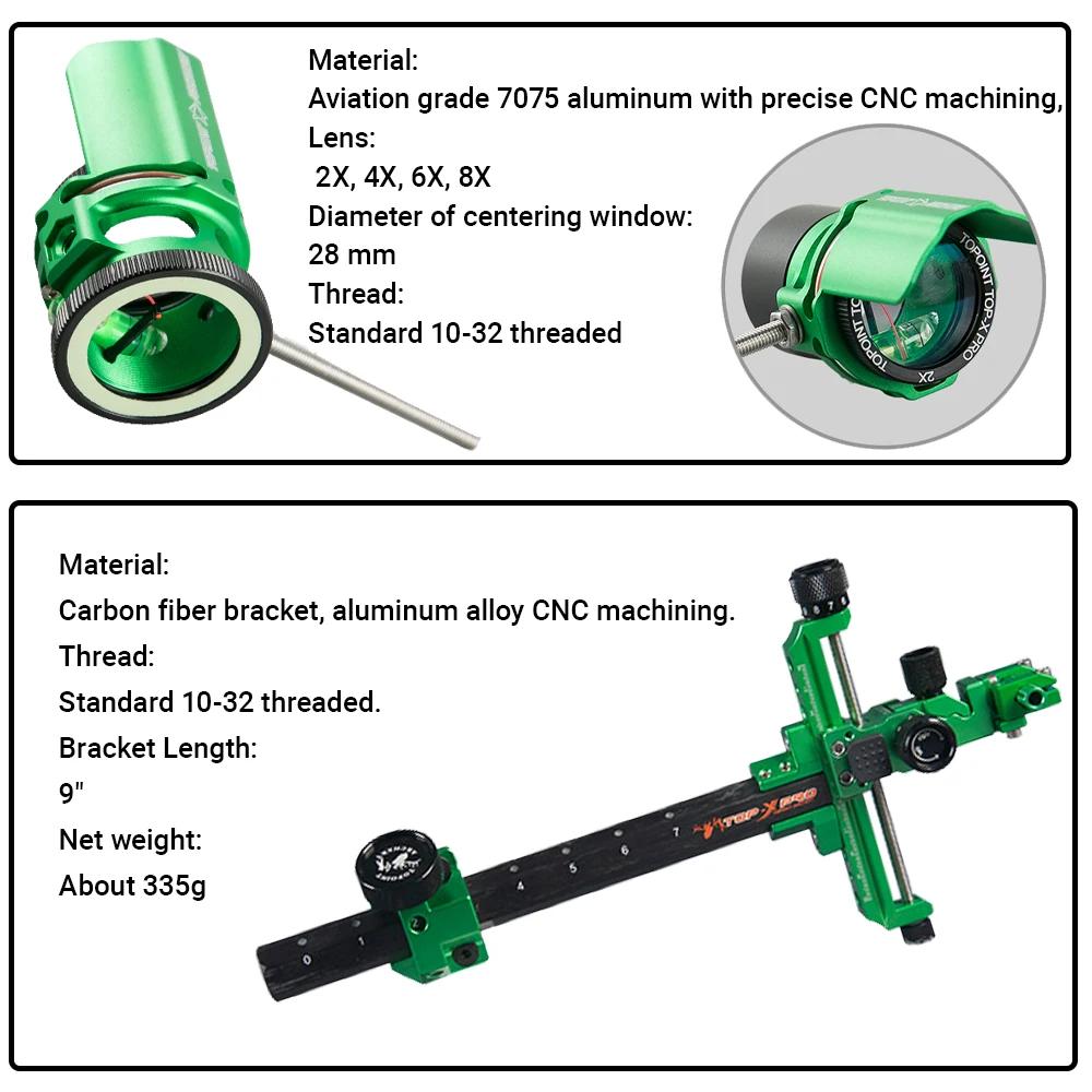 Mira de carbono para tiro con arco, arco compuesto ajustable con lente 2/4/6/8X, fibra óptica de 0,019 ", arco de mano L/R, objetivo de tiro de caza - imagen 2