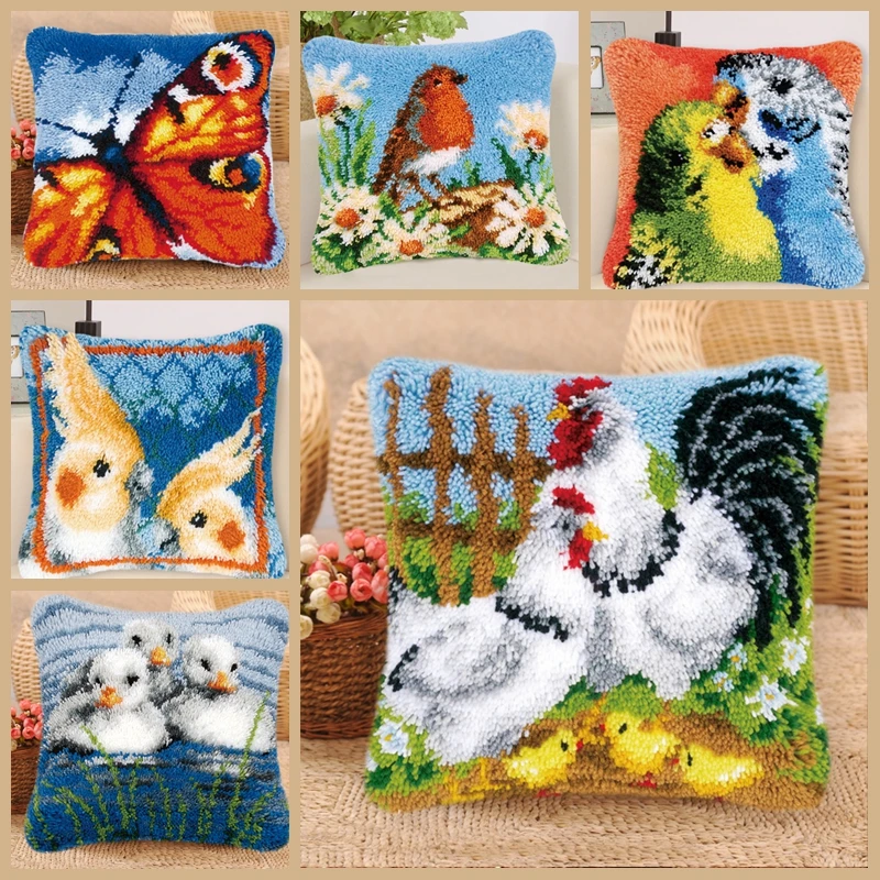 Almohada bordada de segmento Animal, Kit de funda de almohada de lana gruesa, punto de cruz, gancho de pestillo 3D, alfombra DIY, loro, pollo, mariposa