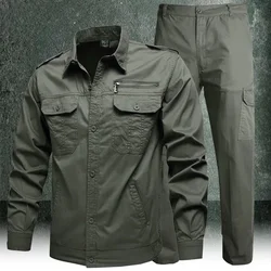 Conjunto de ropa de trabajo de primavera para hombre, camisas de algodón de combate de entrenamiento táctico y pantalones Cargo, trajes sueltos informales de color verde militar para verano