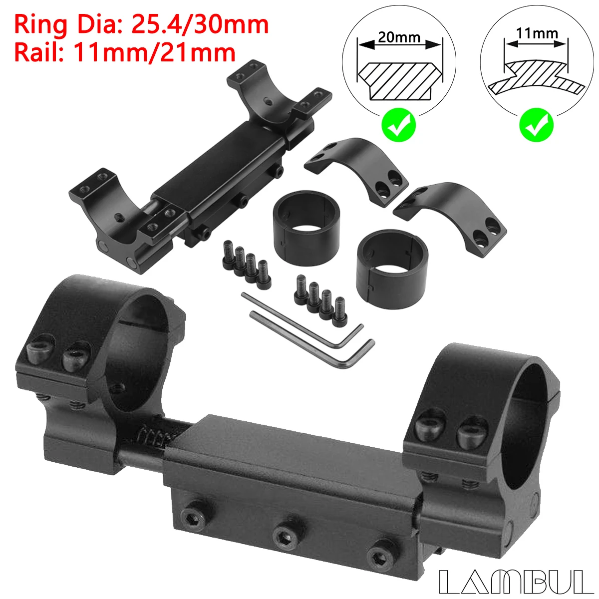 Anillo Universal de 25,4/30mm, montaje de alcance de riel de 11/20mm, anillo doble de una pieza, adaptador de montaje para mira óptica de pistola de perfil alto y bajo