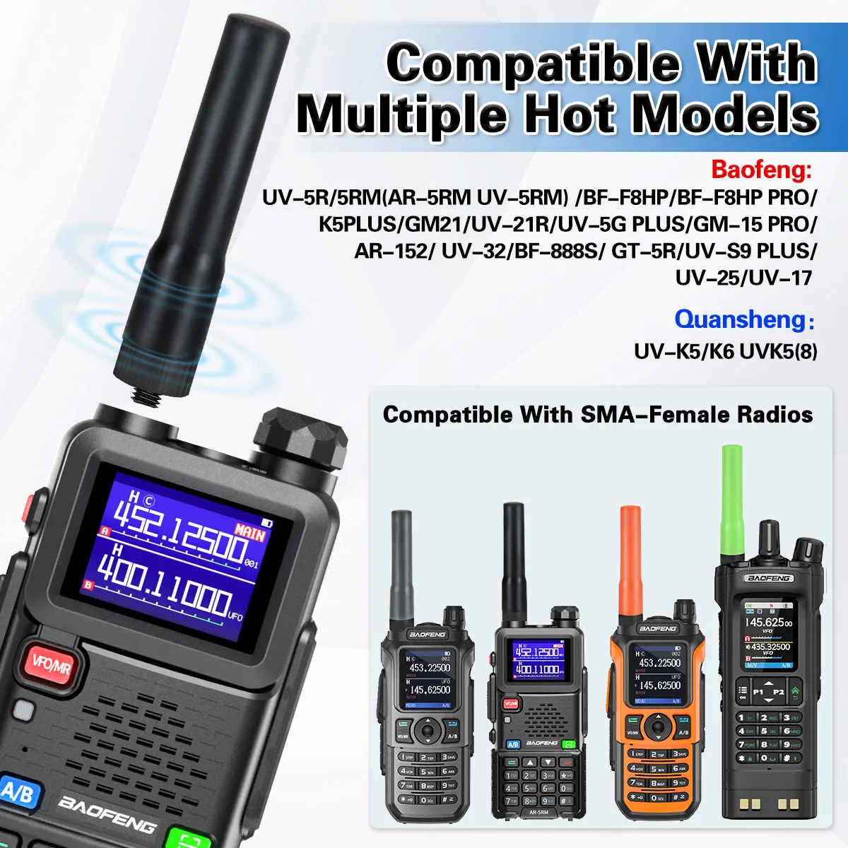ABBREE SF-20 antena suave de doble banda SMA hembra/SMA-macho/BNC para Baofeng UV-5R UV-32 Quansheng UV-K5 8 Walkie Talkie ST20 - imagen 3