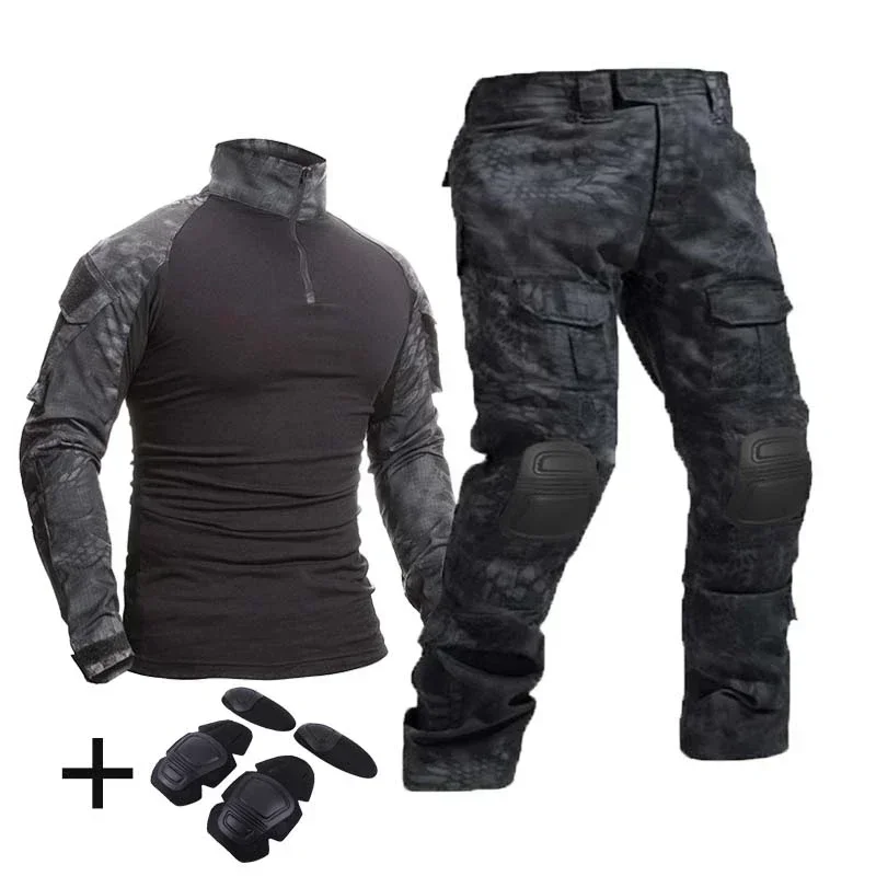 Conjunto de uniforme de camuflaje, traje militar con camisa y pantalones de carga a juego, ideal para paintball airsoft combate táctico o tiro, ropa con coderas y rodilleras para exterior - imagen 4