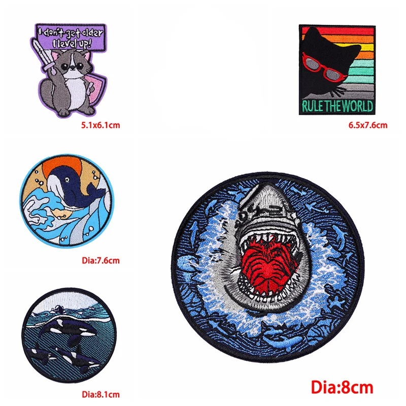 Parches bordados de animales de dibujos animados para ropa, apliques de costura, parches de planchado para ropa DIY, gato, ballena, tiburón, 10 unids/lote - imagen 3