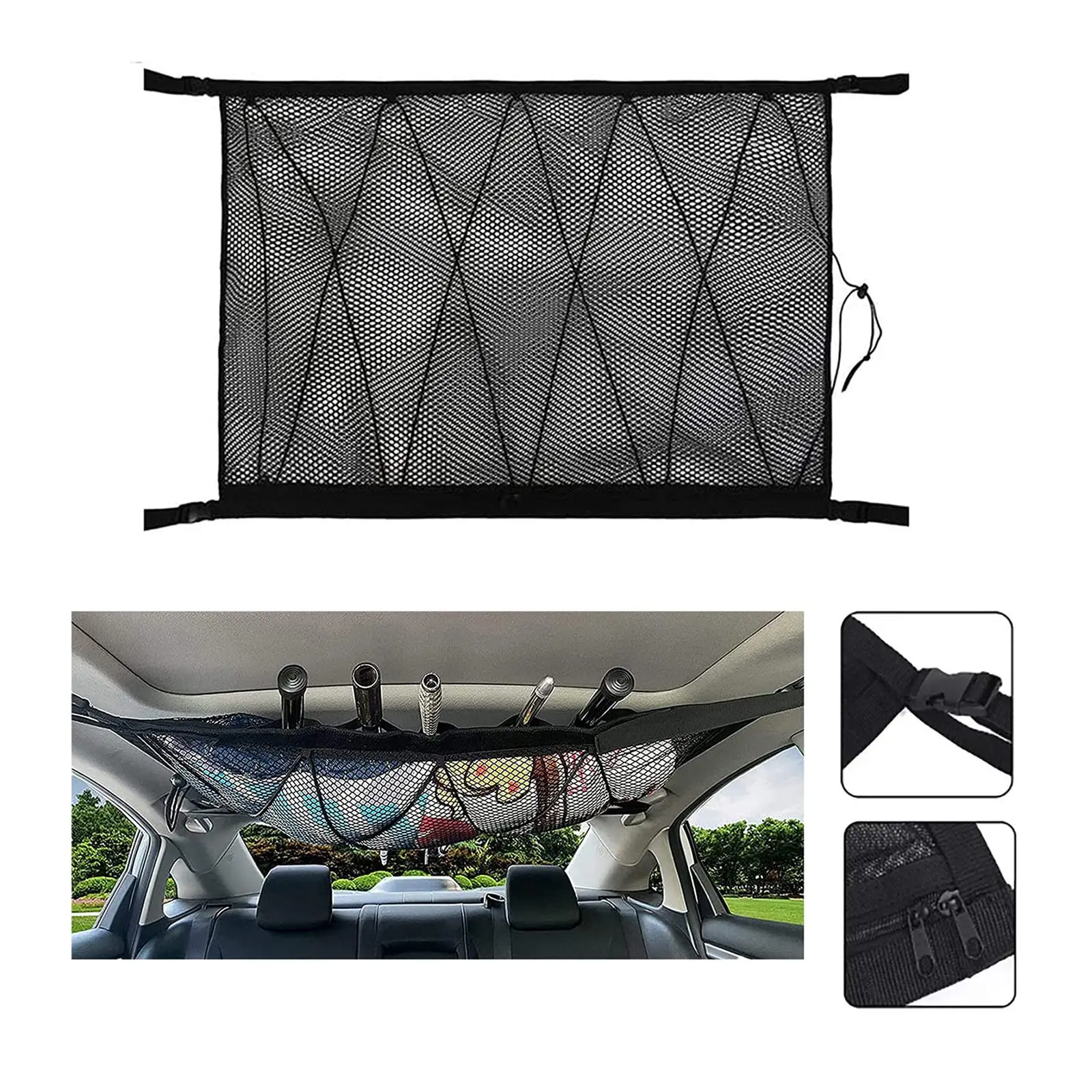 Red de carga para techo de coche, bolsa de malla ajustable de doble capa, organizador de techo para SUV, bolsa de almacenamiento para viaje y Camping, accesorios interiores