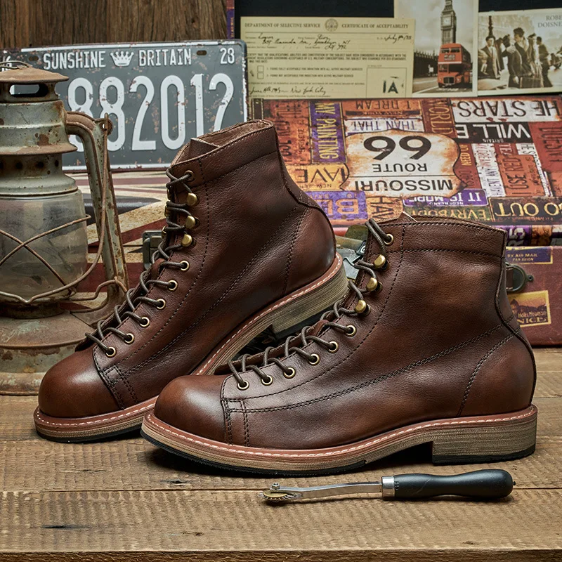 KOWM zapatos de senderismo de piel de vaca, botas para caminar para hombre, zapatos de trekking británicos, zapatillas tobilleras de piel de vaca de suela gruesa, botas altas para motocicleta - imagen 5