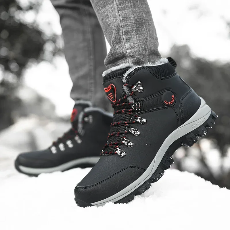 Botas de invierno para hombre con piel cálida nieve antideslizante zapatos informales de trabajo para hombre zapatillas de deporte de cuero impermeables botines altos de talla grande 46 - imagen 3