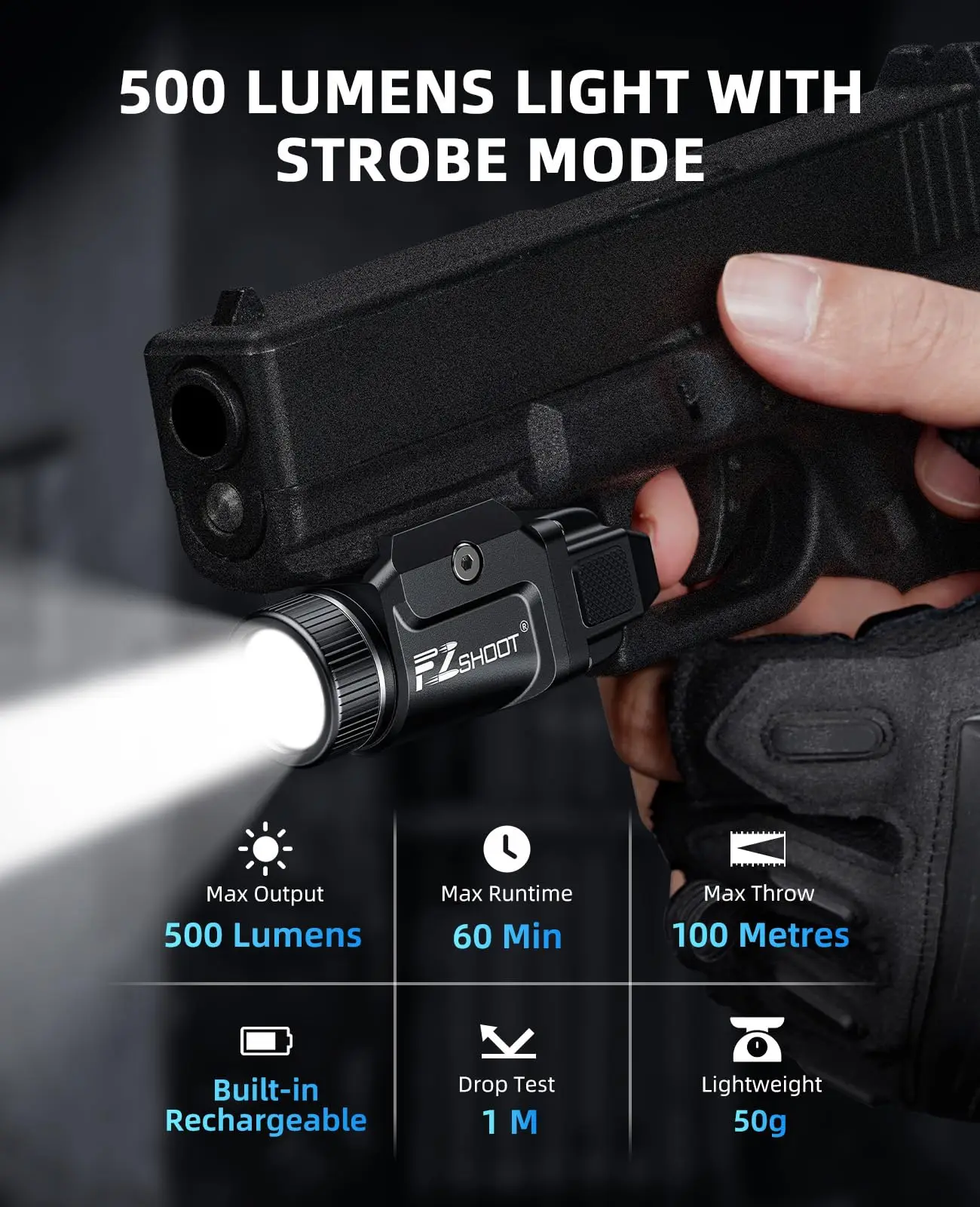 Linterna recargable con luz de pistola de 500 lúmenes con modo estroboscópico para Mini pistola de luz Picatinny y GL Rails - imagen 3