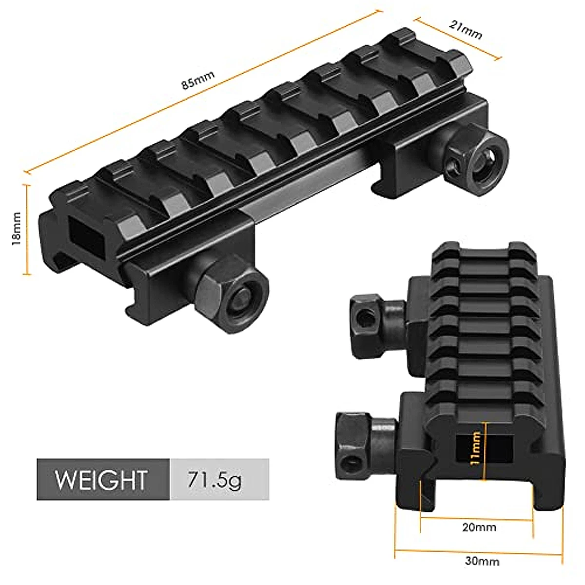 85mm de longitud, 18mm de altura, riel de 20mm a 20mm, 8 ranuras, adaptador de montaje elevador Picatinny alto, soporte de unidad para alcance, riel de mira de punto rojo - imagen 3