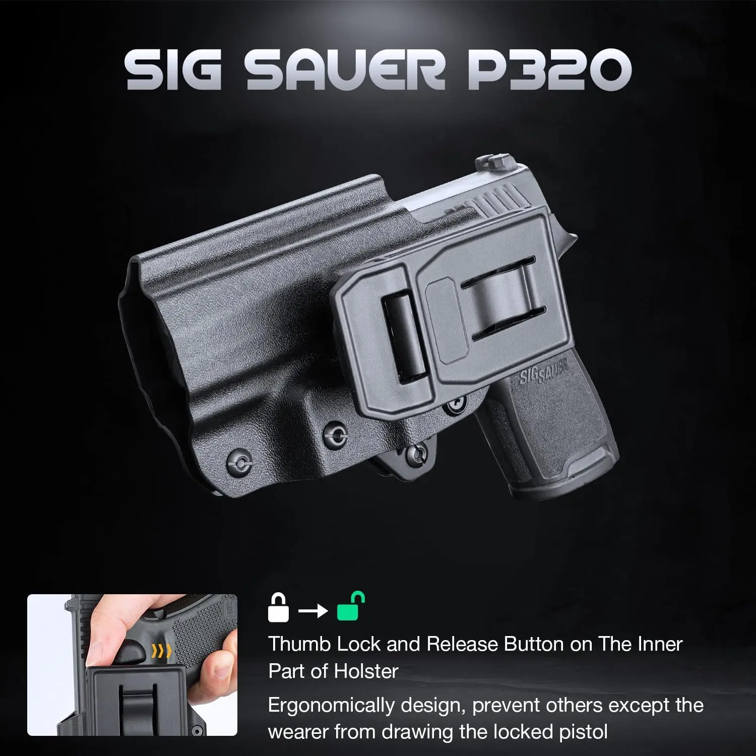 Sig P320 Compact M18/P320 Legión M17/P320-XFIVE de tamaño completo, liberación del pulgar de la funda OB KYDEX, ajuste 1,5 "-2,25", cinturón, mano derecha - imagen 2