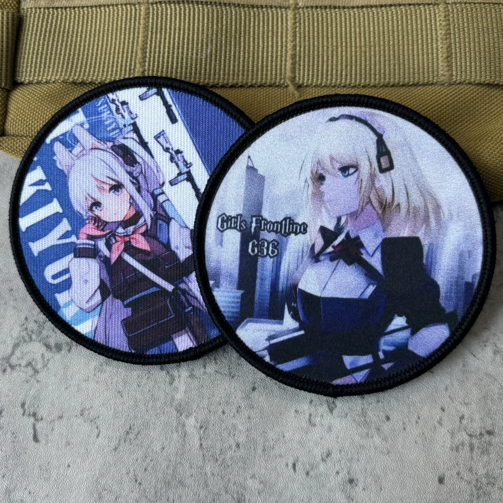Parche de insignia de moral de Chica de Anime, brazalete estampado de primera línea de chica militar táctica, parche de gancho y bucle de archivo azul, pegatinas para mochila