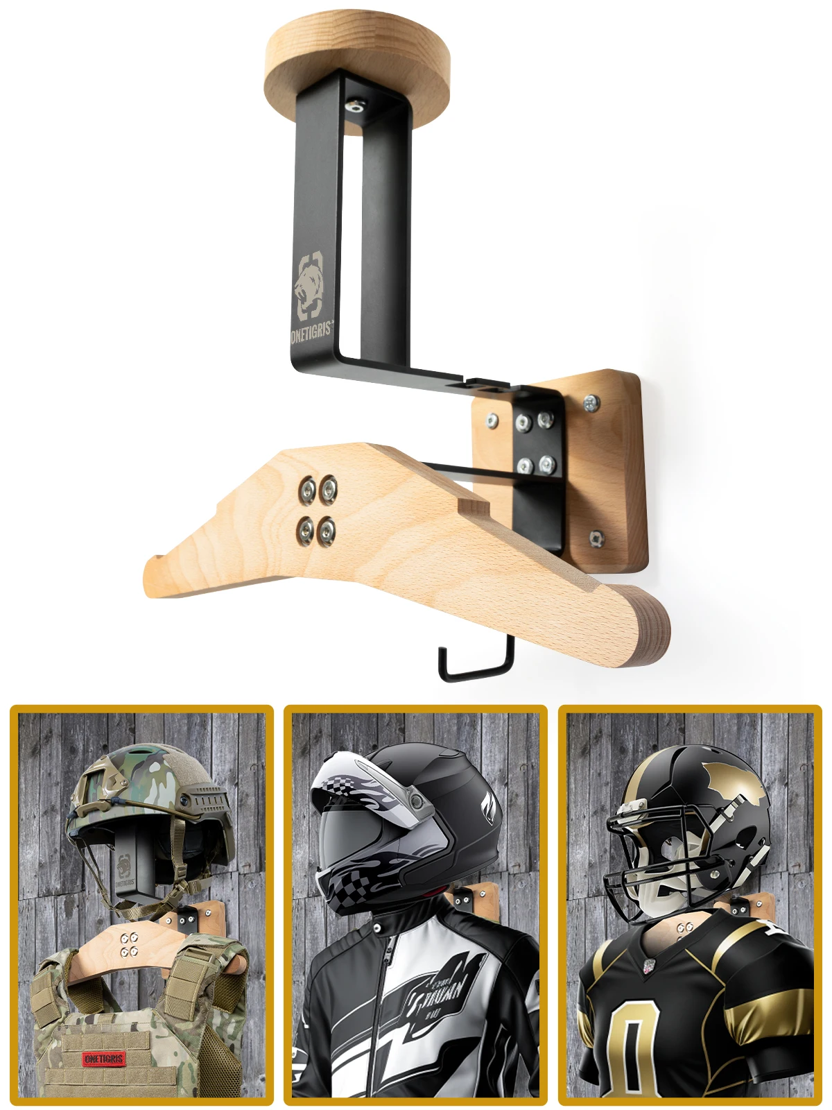 ONETIGRIS Soporte de pared para equipo táctico, soporte para casco de motocicleta, soporte para chaqueta, colgador de placa, estante, organizador de exhibición para motocicleta - imagen 4