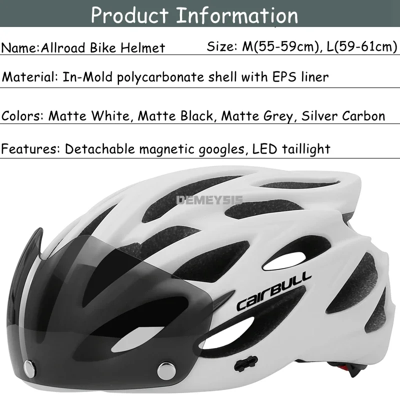 Casco de bicicleta de montaña moldeado integralmente con gafas extraíbles, visera ajustable para hombres y mujeres, casco con luz trasera para ciclismo - imagen 2
