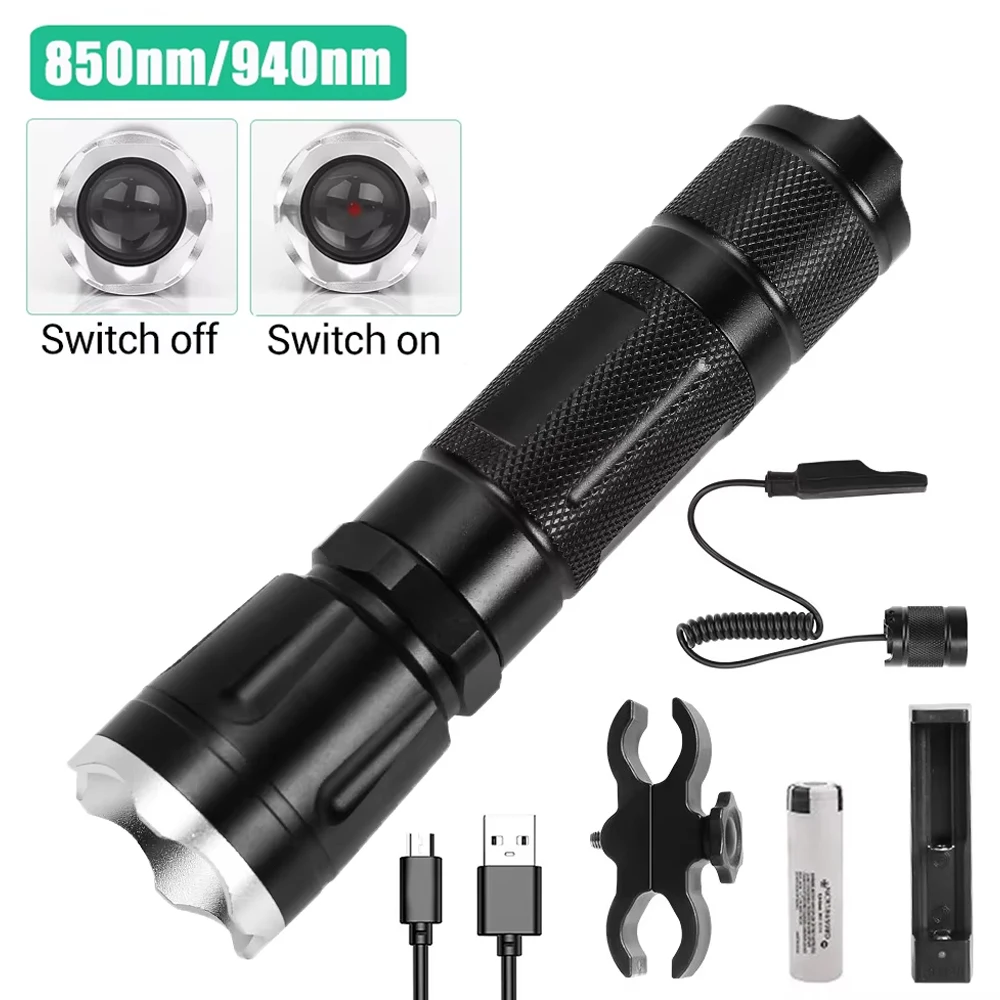 Linterna táctica IR de 850nm/940nm con zoom, iluminación infrarroja de visión nocturna, linterna infrarroja para caza