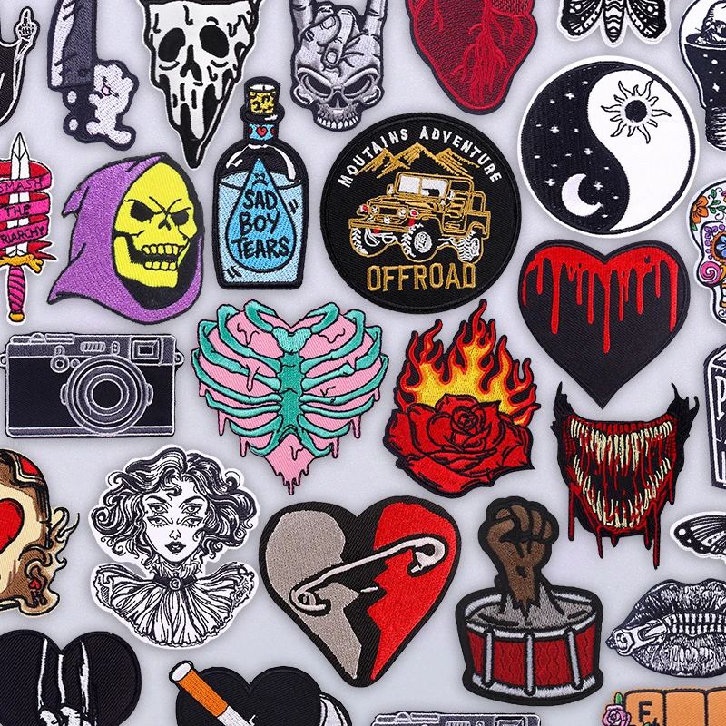 Parche bordado con cabeza de calavera, parches para planchar para chaqueta, gorra, ropa de calle, estilo urbano Hip Hop, diseño gótico Rock, insignias térmicas para coser