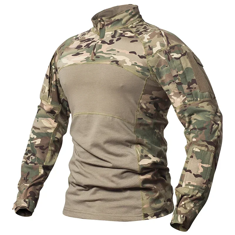 Camisas de combate táctico de camuflaje para hombre, camisas suaves de uniforme de algodón elástico con cremallera 1/4, camiseta de camuflaje de manga larga resistente al desgaste - imagen 3
