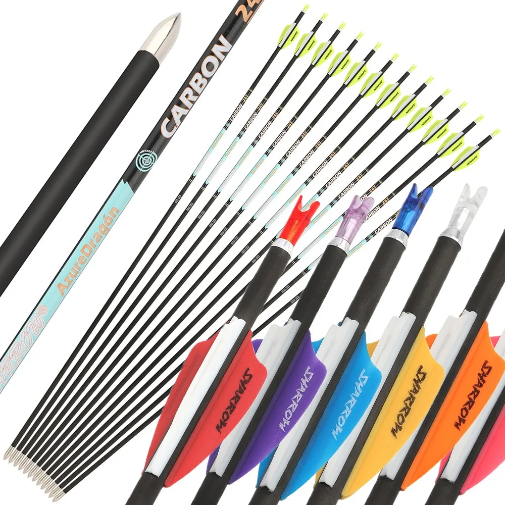 Flecha de carbono puro ID4.2mm, columna vertebral 300-1000, tiro con arco, eje de 32 ", 80/100Gr, punta de flecha, ranura de aire, pluma, arco compuesto para caza, 6 uds.