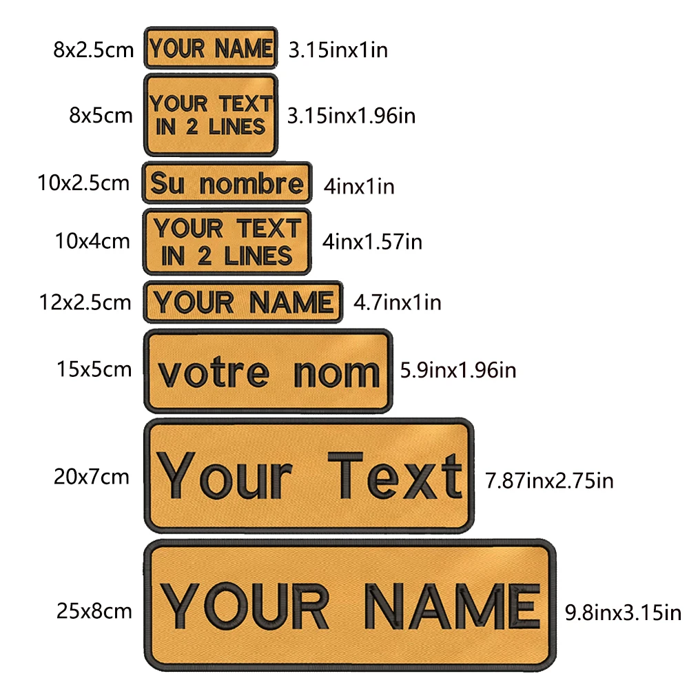 1 unidad de insignia de rayas con nombre personalizado, bucle de hierro o gancho, 10x2,5 cm, 8x2,5 cm, 8x5cm, 10x4cm, 15x5cm, 20X7cm, 25x8cm amarillo
