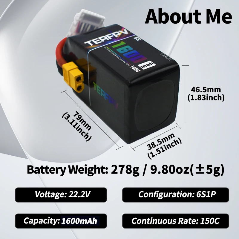 TERFPV Lipo batería 6S 1600mAh 22,2 V 150C/300C Softtcase con conector XT60 para RC FPV Drone Quadcopter helicóptero avión - imagen 4