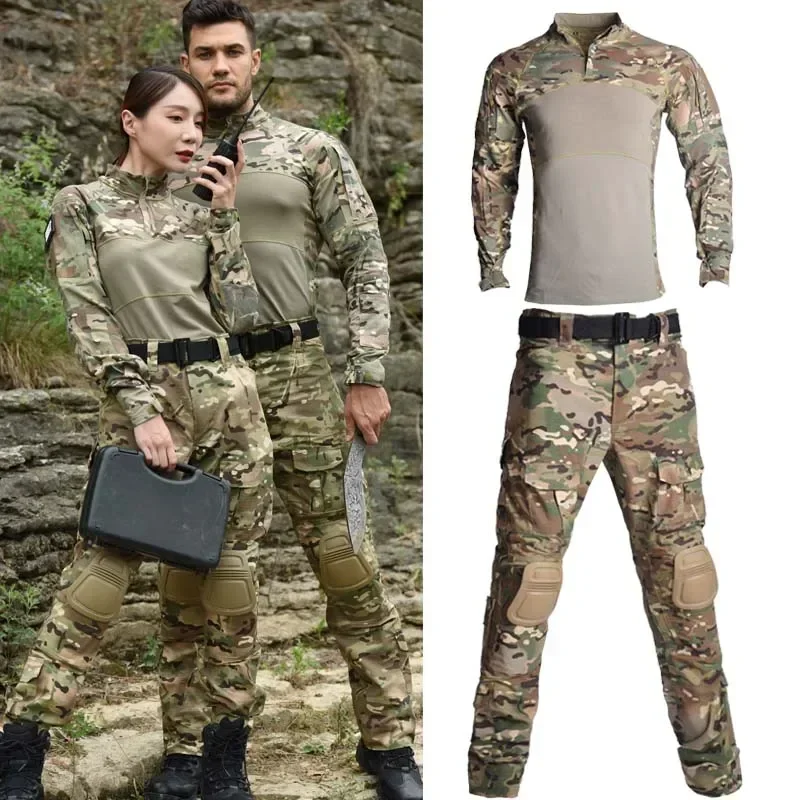 Uniforme para exteriores, camisa táctica, ropa impermeable, Tops, resistencia al desgaste, traje de caza de camuflaje Multicam Airsoft, pantalones + almohadillas - imagen 3