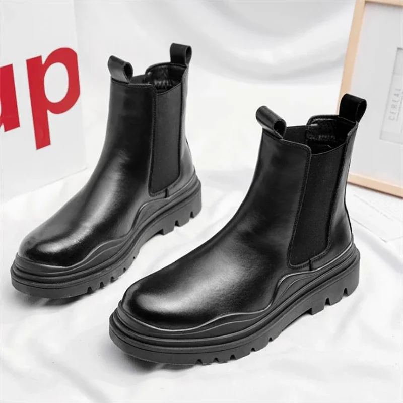 Botas Chelsea con plataforma Sheoes para hombre, botines de cuero divididos con parte inferior gruesa, calzado masculino, botas cortas con punta redonda - imagen 5
