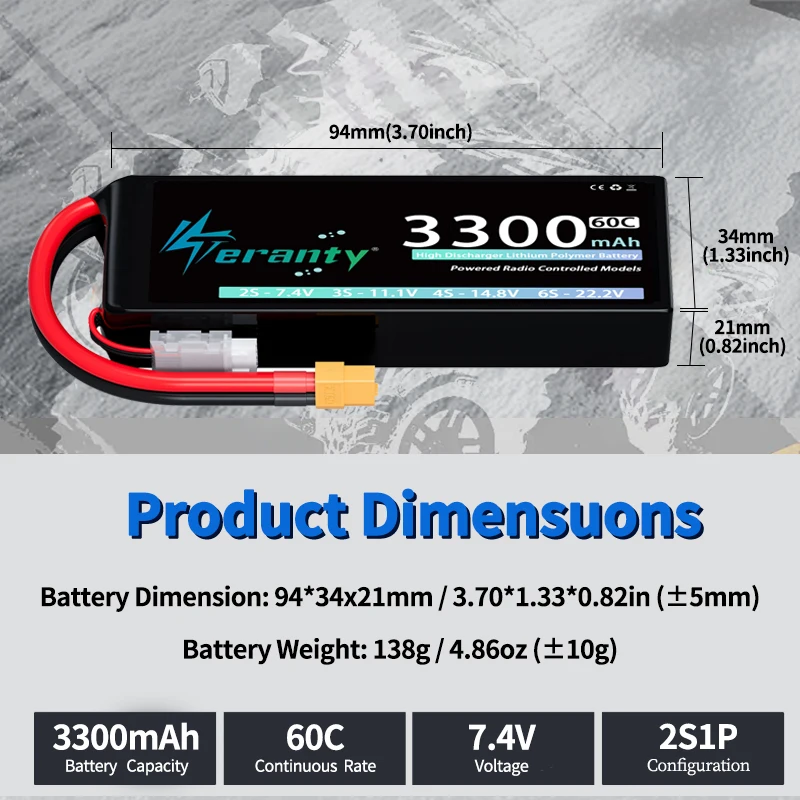 2 uds TERANTY 2S 7,4 V 7,6 V 3300mAh batería Lipo 60C 80C con enchufe T XT60 para camiones RC barco FPV Drone helicóptero piezas de avión - imagen 3