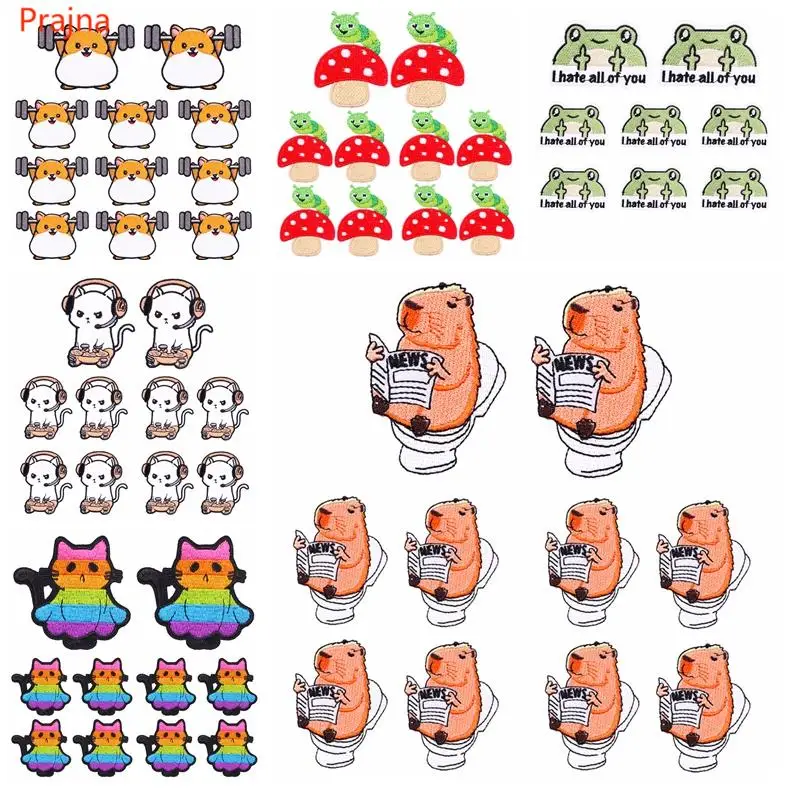 Prajna10uds parche de dibujos animados/animales, en la ropa para planchar parches bordados, pegatinas para ropa, Rana, gato, pingüino, erizo - imagen 2