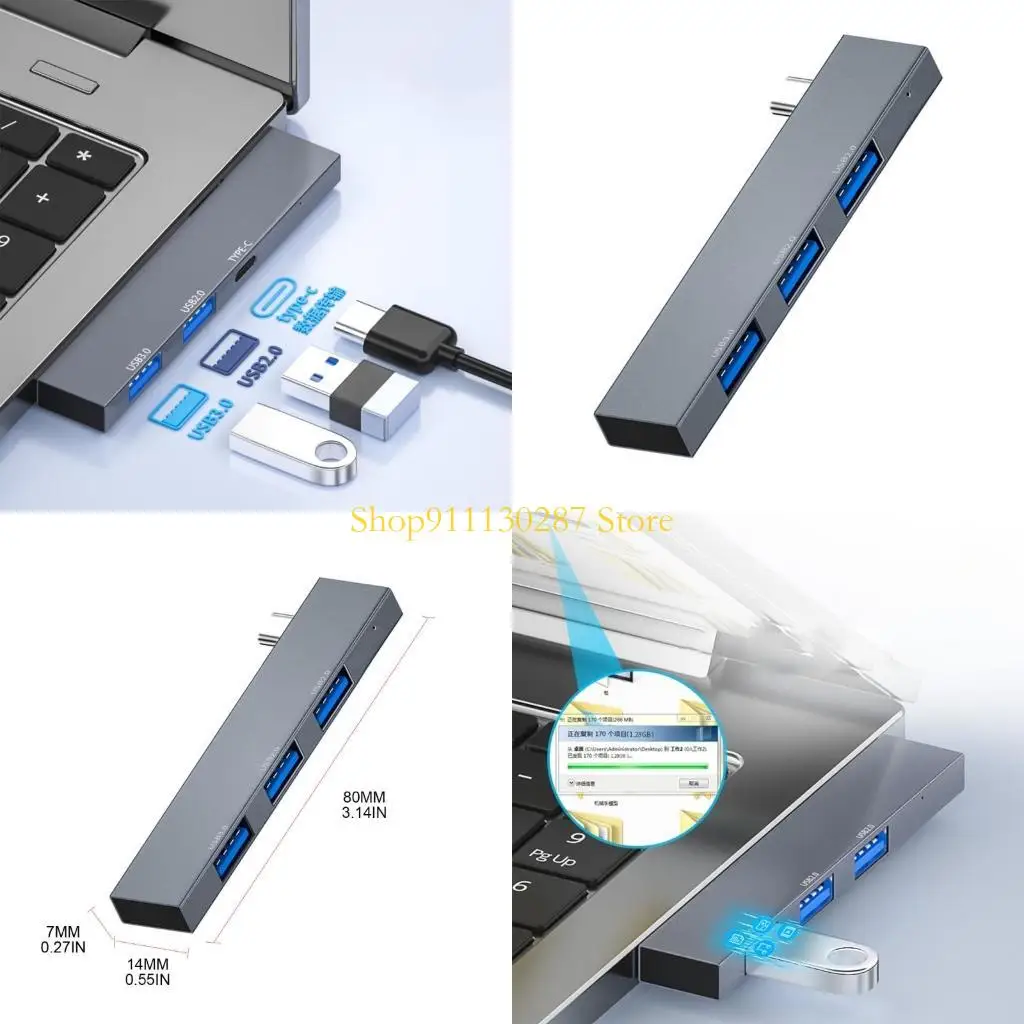 J1HC 3-puerto USB Hub 2.0 USB/Tipo C Splitter portátil portátil portátiles accesorios aleación aluminio múltiple
