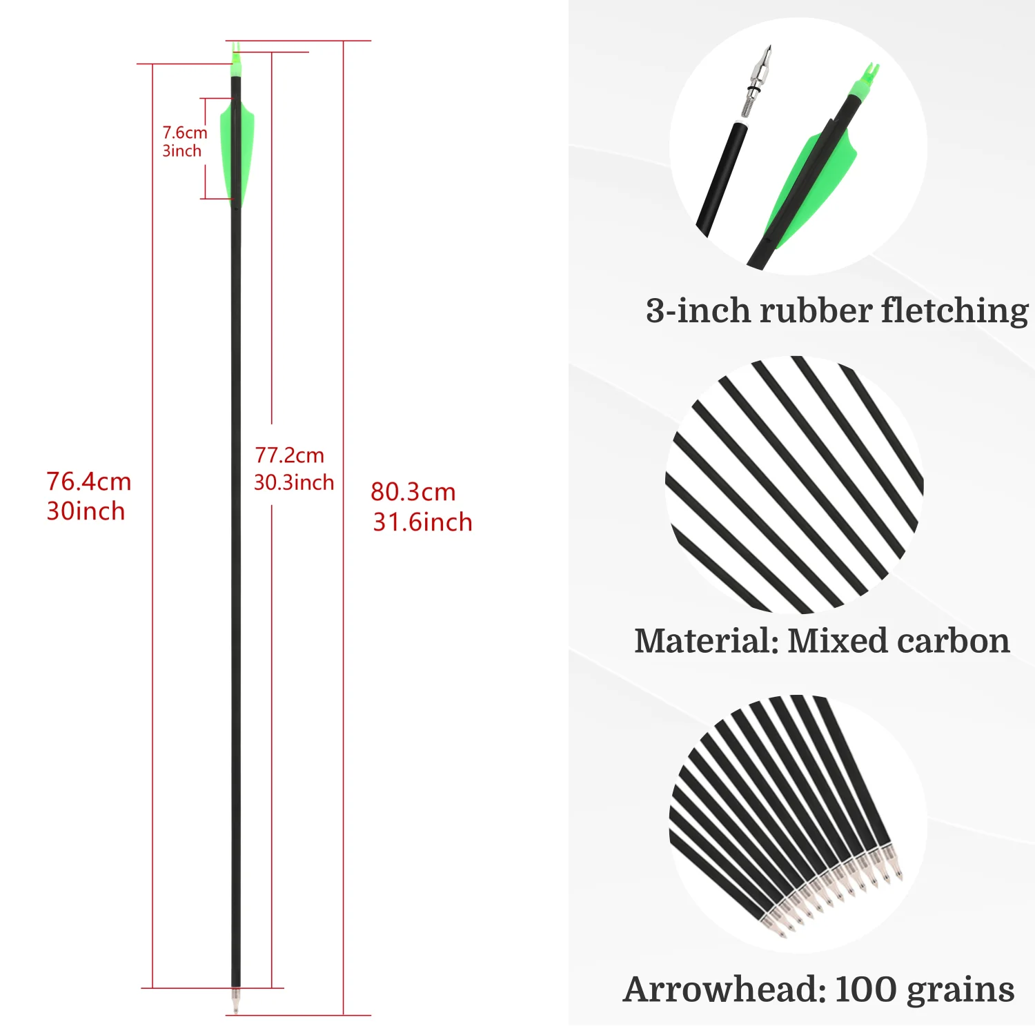 6/12 Uds flechas de tiro con arco columna vertebral 500 fibra de carbono mezclada punta de flecha de 100 granos pluma de goma de 3 "para disparar objetivo de caza - imagen 2