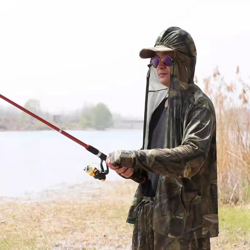 Sudaderas con capucha de pesca de camuflaje biónico para hombre, protección solar ligera y fina, Top deportivo de poliéster elástico y transpirable, verano - imagen 2