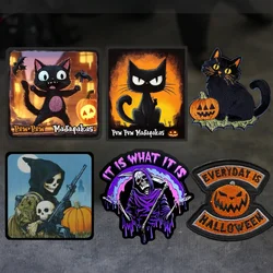 Parche de insignia de moral de calabaza de gato de Halloween, bordado divertido, emblema de gancho y bucle en la ropa, Esqueleto, fantasma, brazalete, pegatinas de mochila