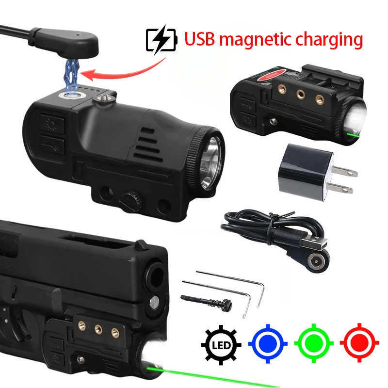 Linterna USB RD/GN/BU, luz combinada, 500 lúmenes, antorcha de pistola, carga magnética, luz de pistola Glock, lámpara estroboscópica, riel Picatinny de 20mm