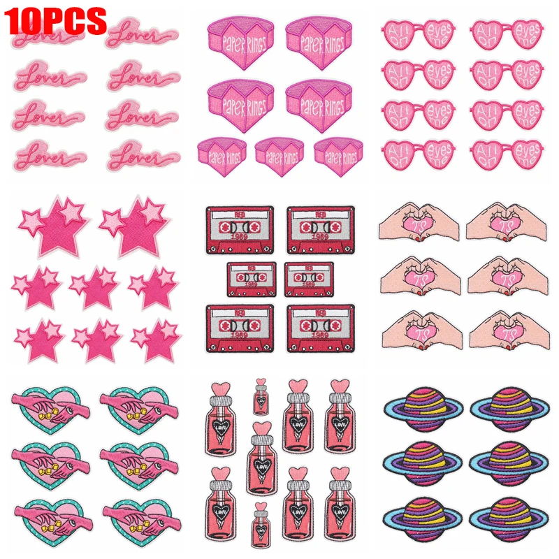 10 unids/lote parches bordados de dibujos animados de color rosa cinta amor corazón anillo parche hierro en parches para ropa chaquetas sombreros apliques DIY - imagen 2