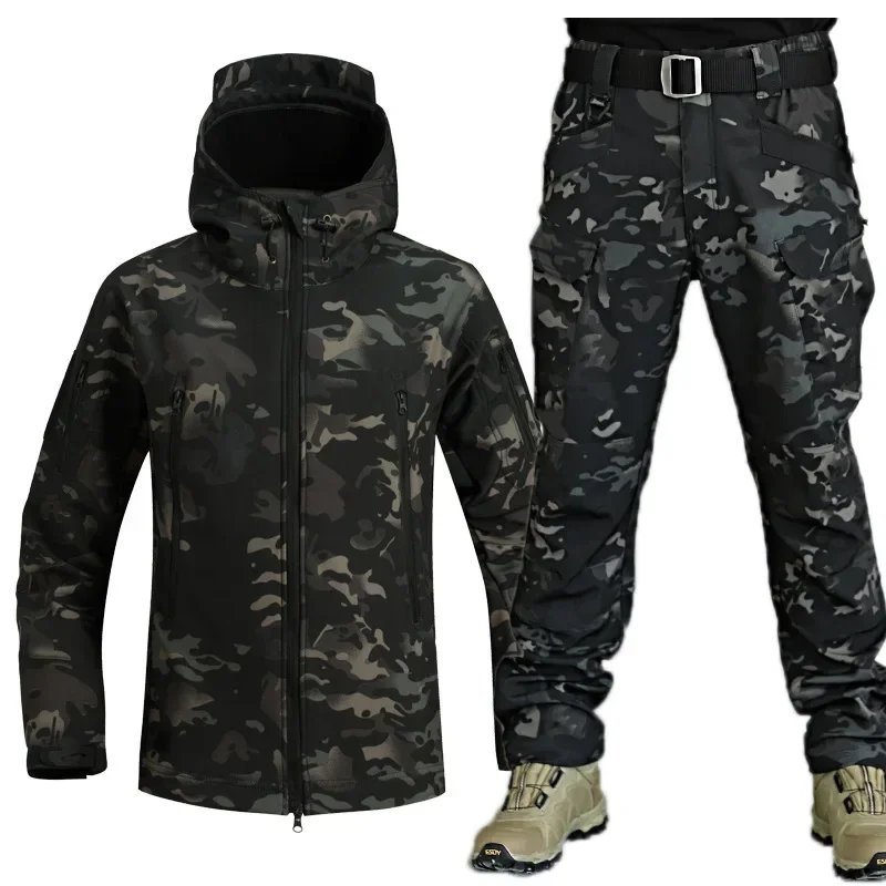 Traje de camuflaje grueso de invierno para hombre, conjunto de entrenamiento, chaqueta táctica con capucha y múltiples bolsillos, pantalones Cargo de lana, ropa de caza al aire libre de 2 piezas - imagen 5