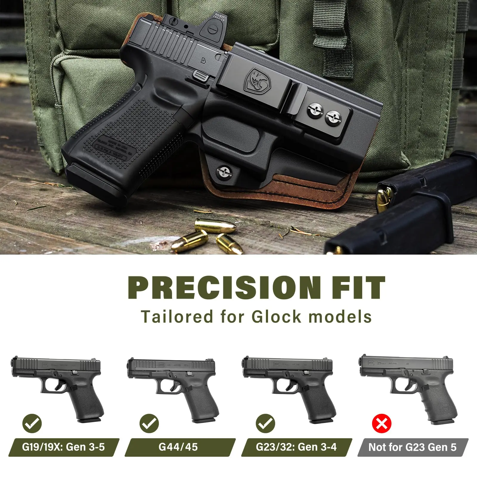 Funda IWB de transporte oculto compatible con Glock 19 (G19 Gen 3/4/5),19X,44,45,23,32 Funda de cuero Ideal para cinturilla interior - imagen 3