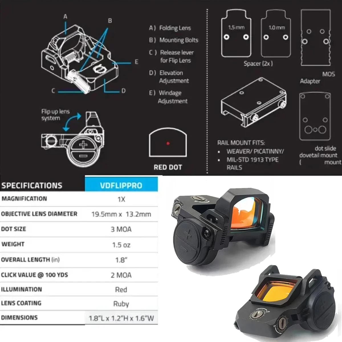 NcSTAR VISM Flip Dot Pro plegable Flip Up punto rojo/verde óptico reflejo mira telescópica de caza compatible con riel de 20mm G17 MOS RM espaciador - imagen 2