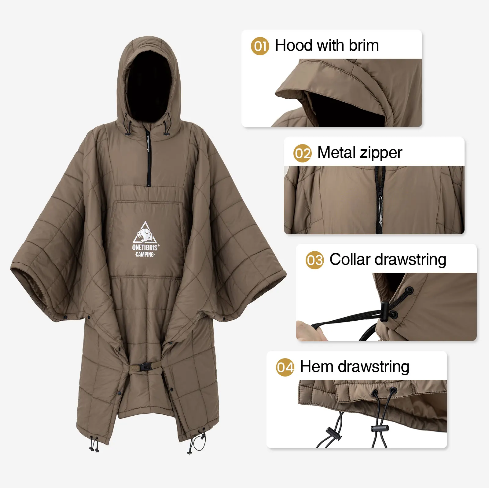 OneTigris-Manta para acampar, Poncho para exteriores, ultraligera, resistente al agua, portátil, con capucha, para acampar al aire libre y senderismo - imagen 3