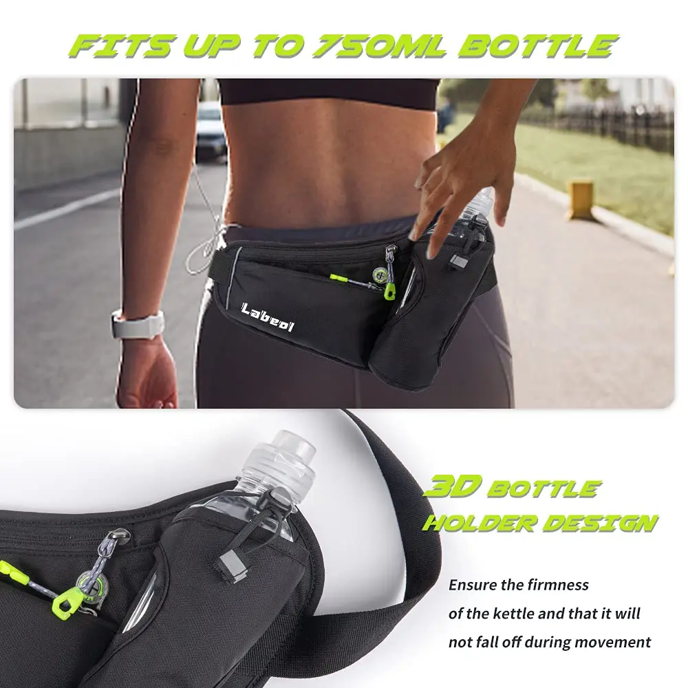 Riñonera Cinturón de hidratación impermeable con portabotellas, riñonera ajustable para correr, senderismo, caminar, andar en bicicleta, negro - imagen 5