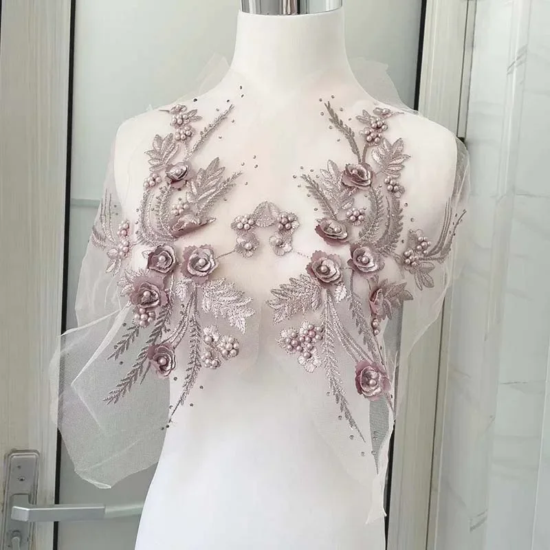 Parches de cuentas de diamantes de imitación, suministros de costura, apliques de flores 3d, tela de encaje bordado, coser parches para vestido, 1 par = 2 piezas/32x21CM - imagen 2