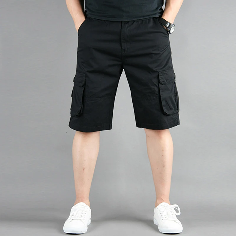 Pantalones cortos Cargo de verano para hombre, pantalones cortos informales hasta la rodilla para trabajo al aire libre, pantalones cortos de camuflaje liso con múltiples bolsillos, ropa de calle de talla grande para hombre - imagen 5